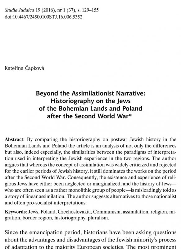 Beyond the Assimilationist Narrative: Historiography on the Jews of the Bohemian Lands and Poland after the Second World War