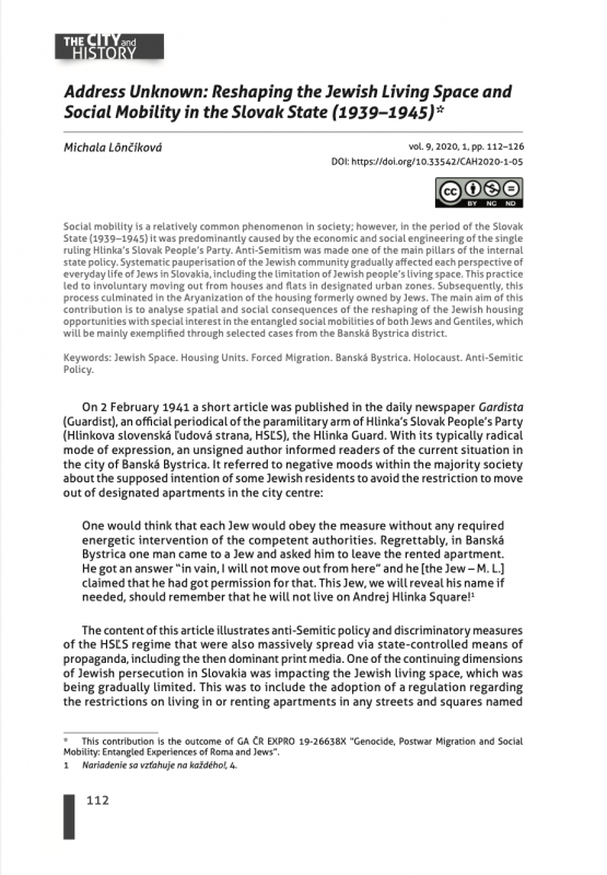 Address Unknown. Reshaping the Jewish Living Space and Social Mobility in the Slovak State (1939–1945)