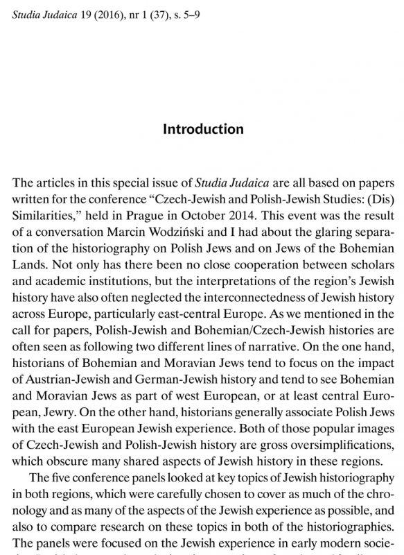Introduction [to the special issue of Studia Judaica with articles on Polish-Jewish and Czech-Jewish Studies]