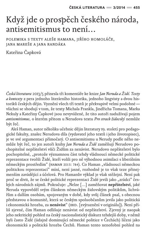 Když jde o prospěch českého národa, antisemitismus to není... Polemika s texty Aleše Hamana, Jiřího Homoláče, Jana Mareše a Jana Randáka