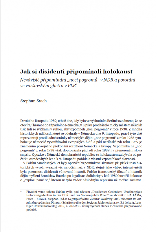 Jak si disidenti připomínali holokaust. Nezávislé připomínání „noci pogromů“ v NDR a povstání ve varšavském ghettu v PLR