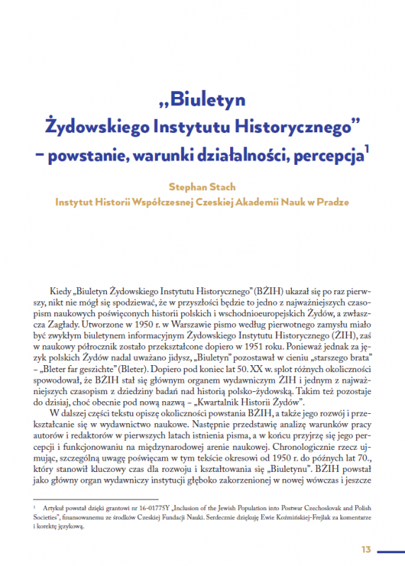 „Biuletyn Żydowskiego Instytutu Historycznego” – powstanie , warunki działalności, percepcja